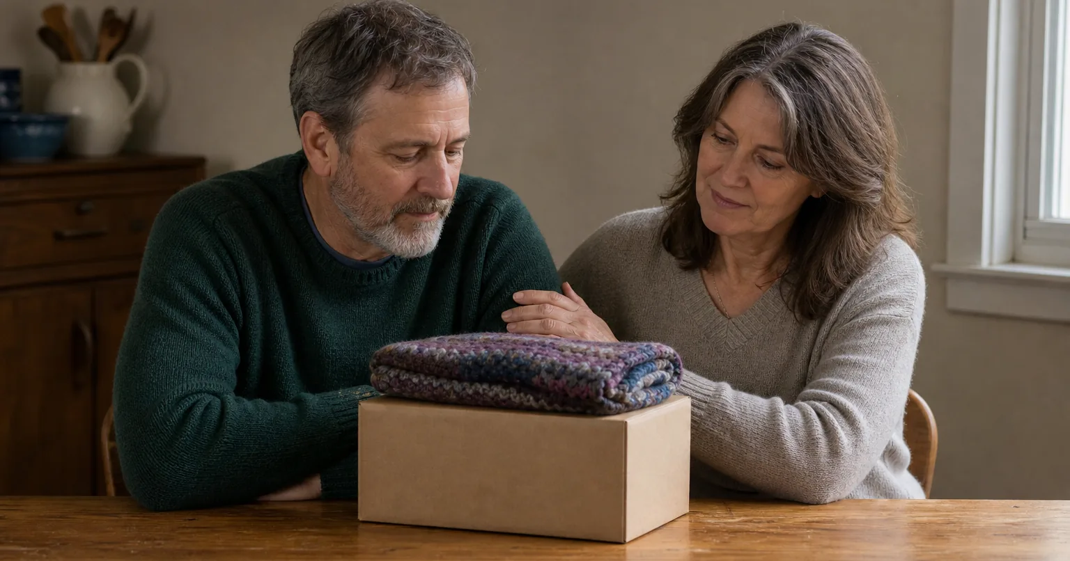 Two adult siblings at a table with a box and blanket