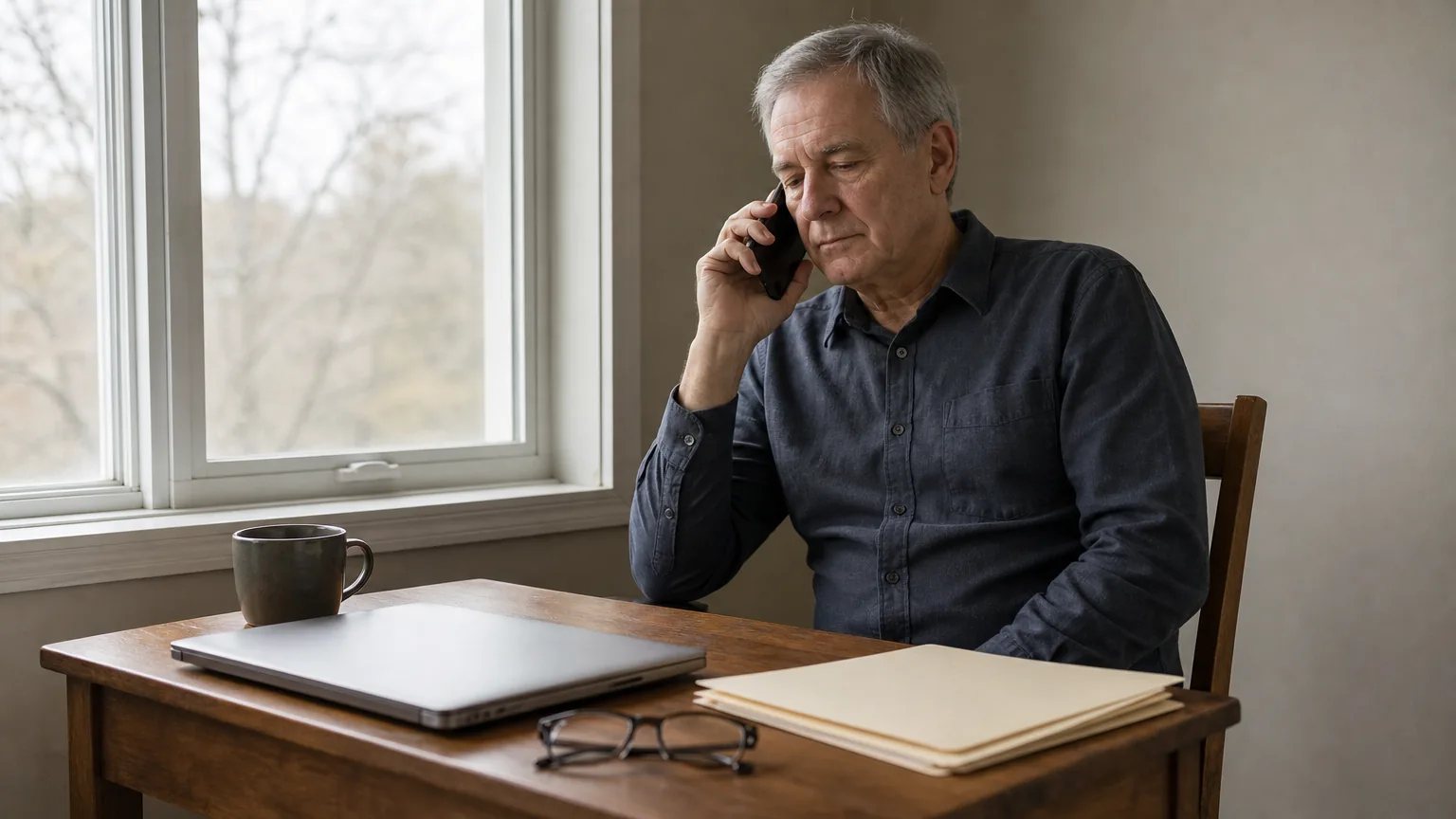 Older man on the phone at a desk by a window