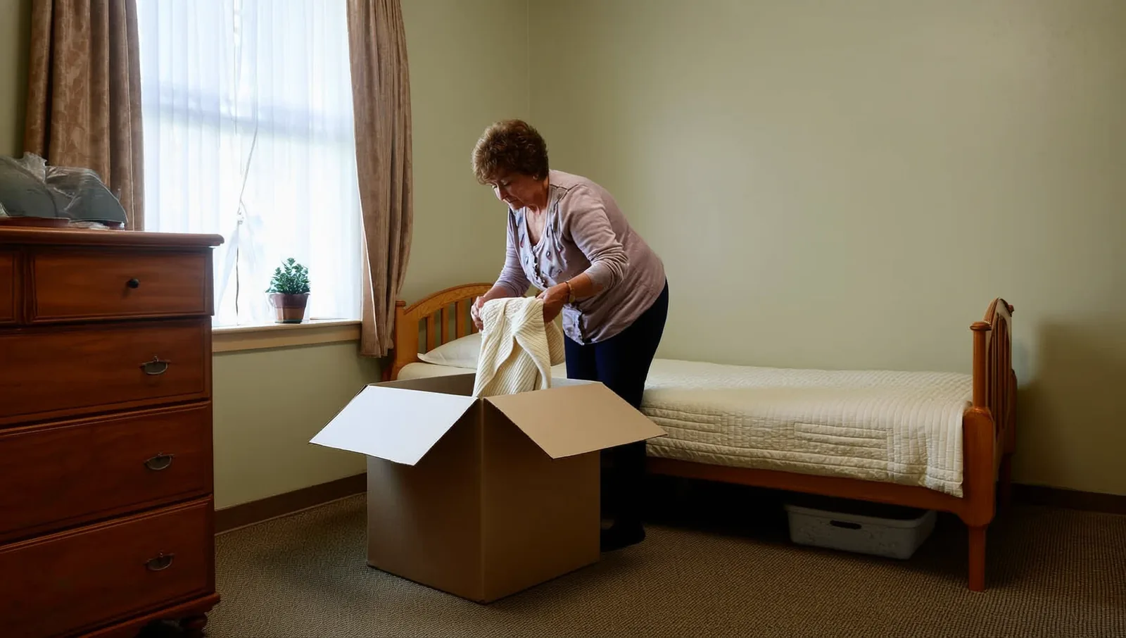 Woman packing a cardigan into a box beside a bed