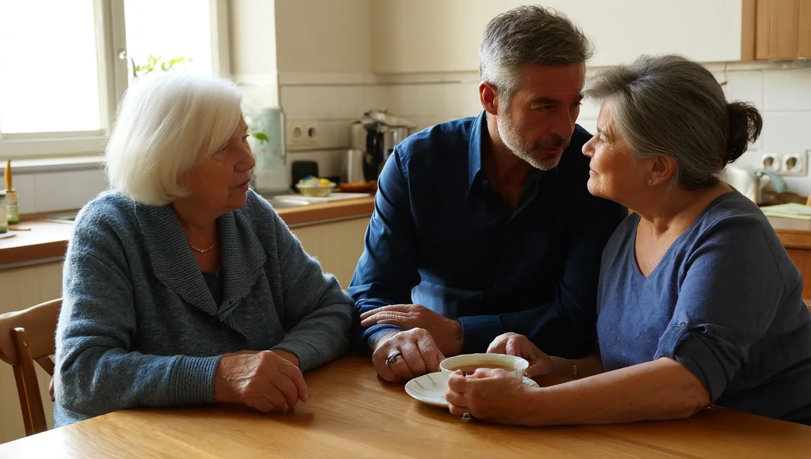 Three adults talking over tea at a kitchen table