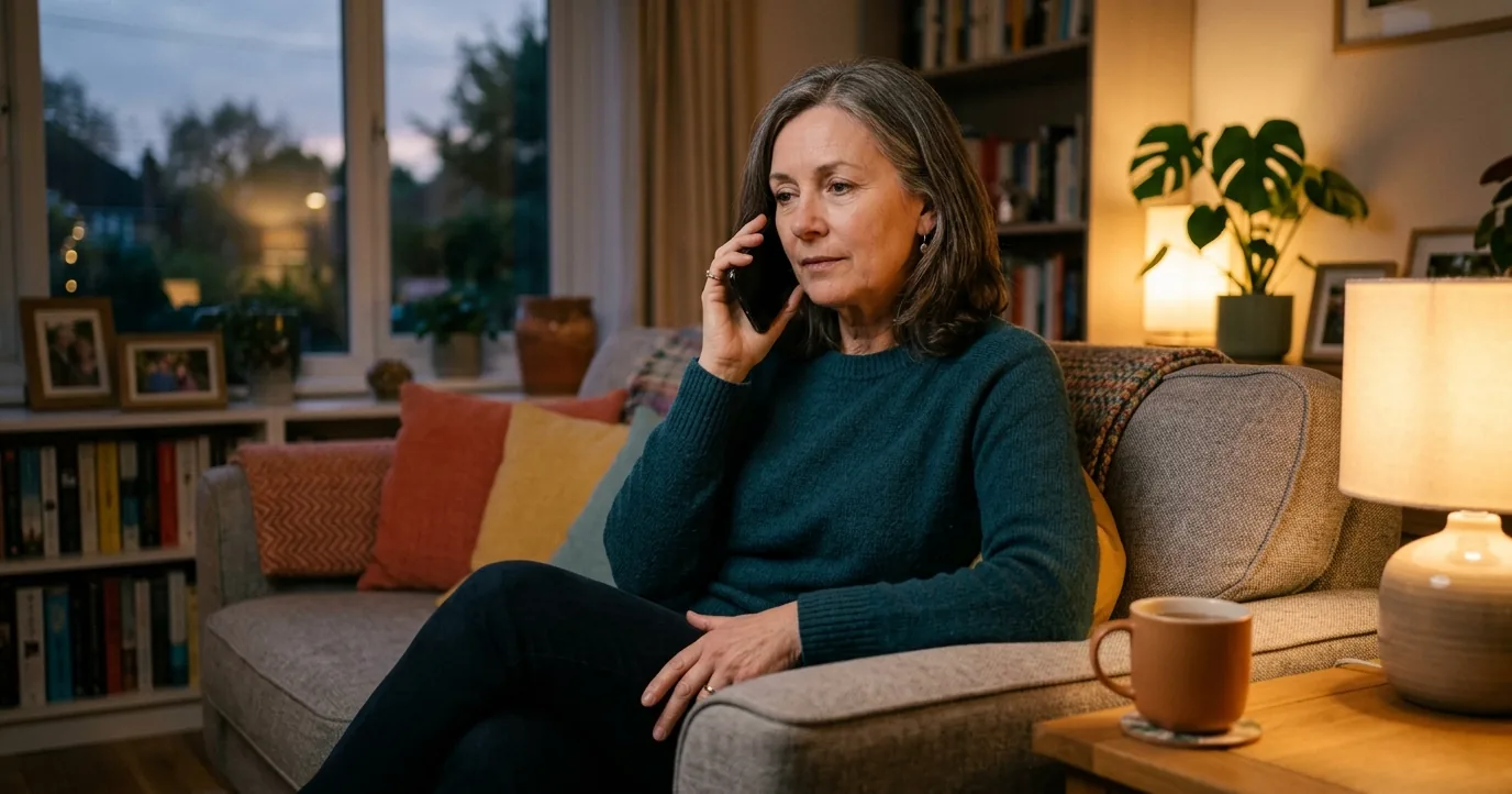 Woman on a phone call on a living room sofa