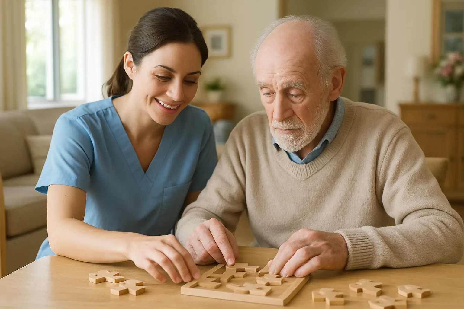 A trained caregiver in scrubs helping an elderly man complete a wooden puzzle at a table in a bright care community.