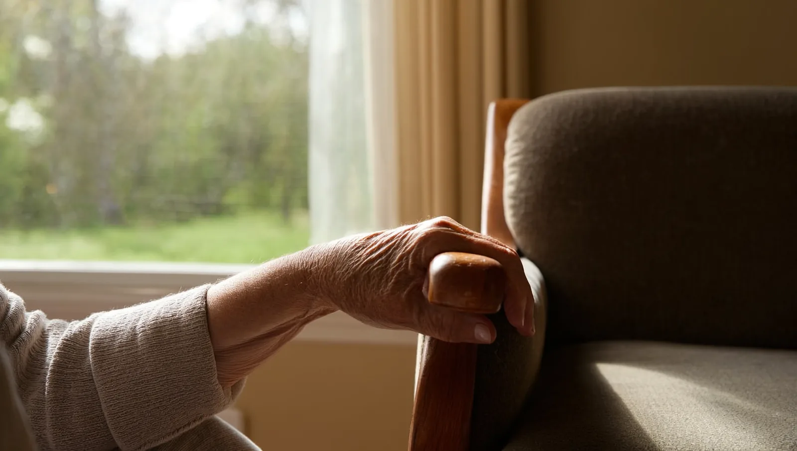An older woman's hands resting gently on a wooden armrest beside a sunlit window in a calm care room.