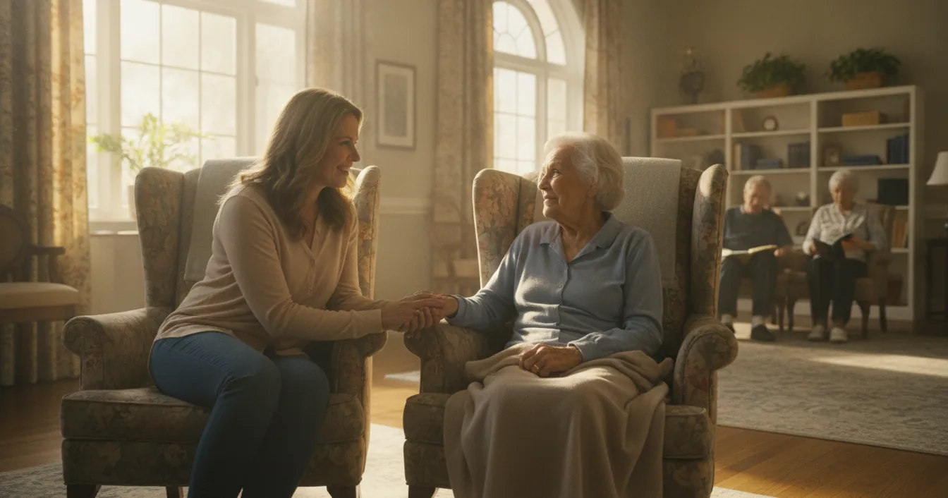 An adult daughter sitting close to her elderly mother in a sunlit assisted living common room, holding her hand during a quiet conversation.