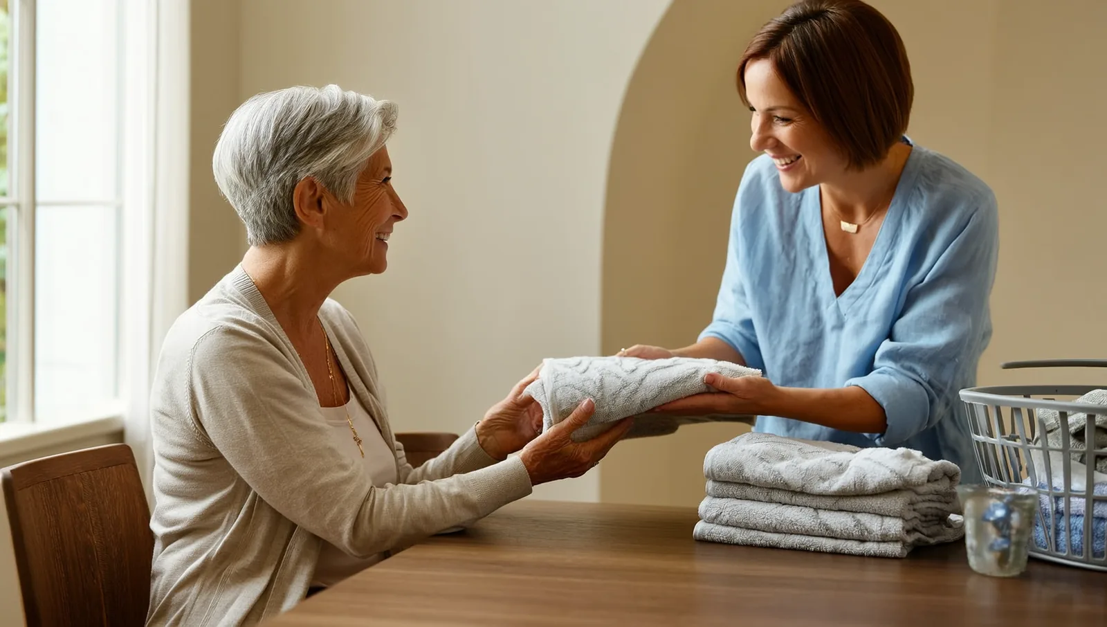 Older woman folding towels with her daughter