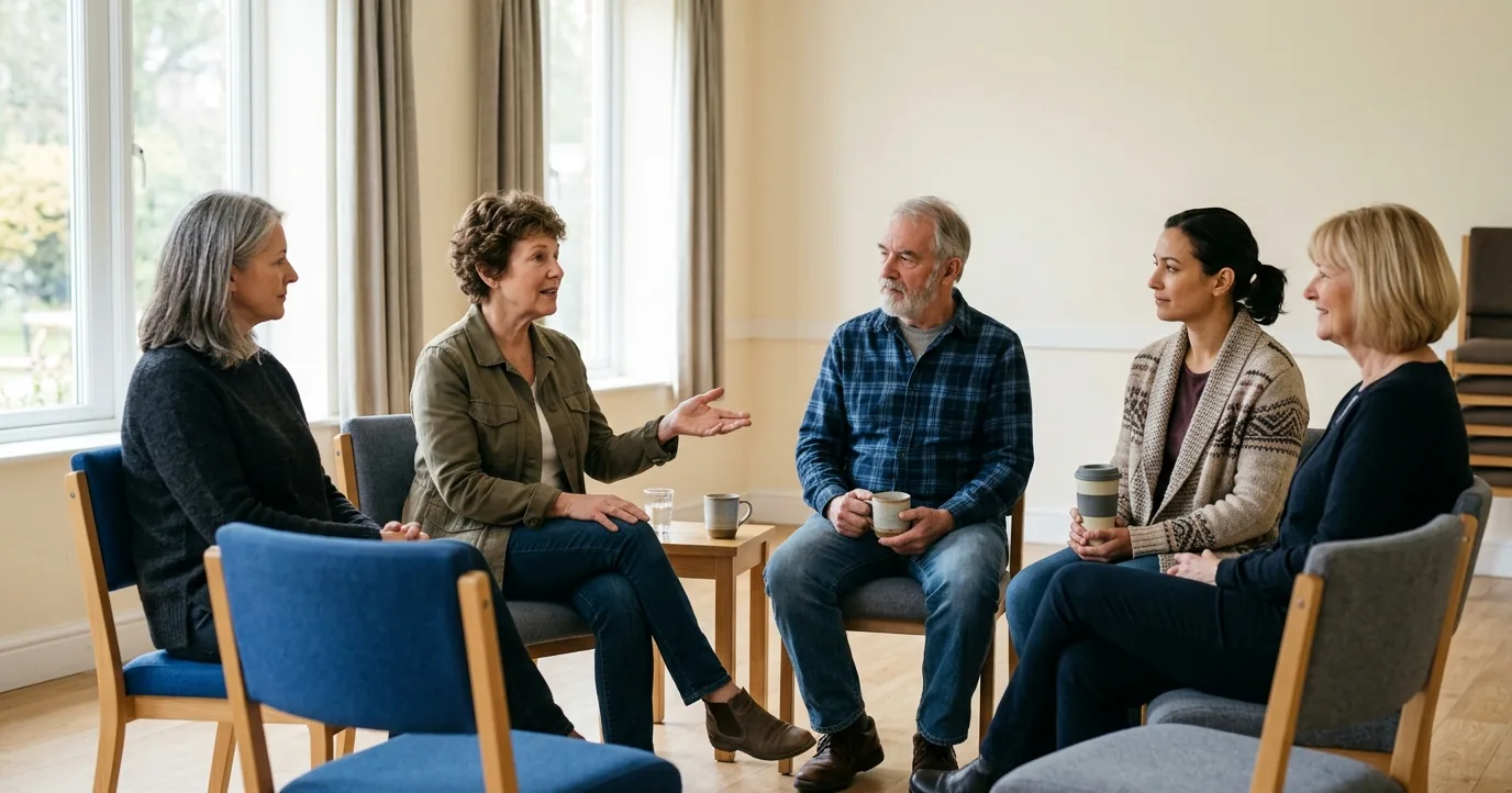 Five adults talking in a circle of chairs