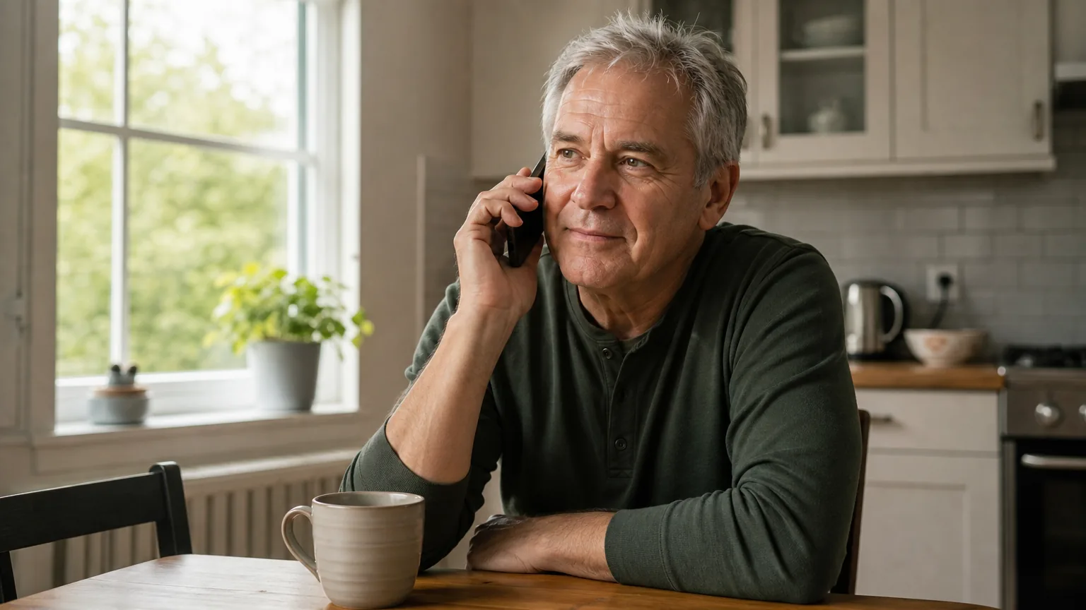 Older man on a phone call at a kitchen table