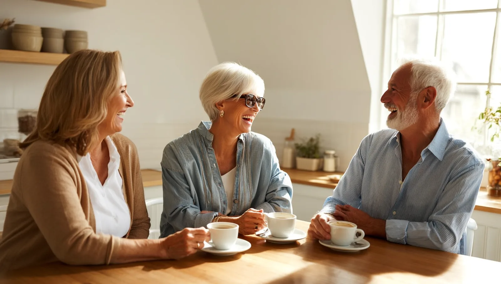 Three older friends laughing together over coffee at a sunny kitchen table.