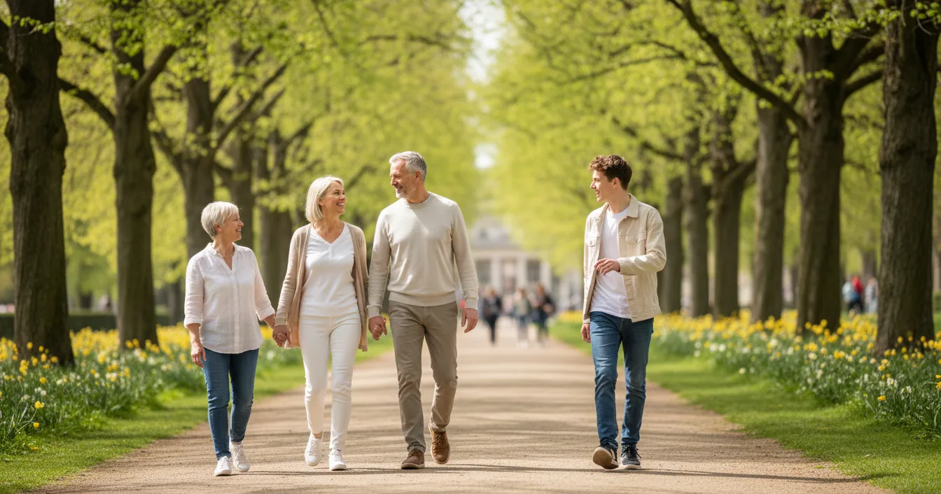 Three generations of a family walking together along a tree-lined path on a bright morning.