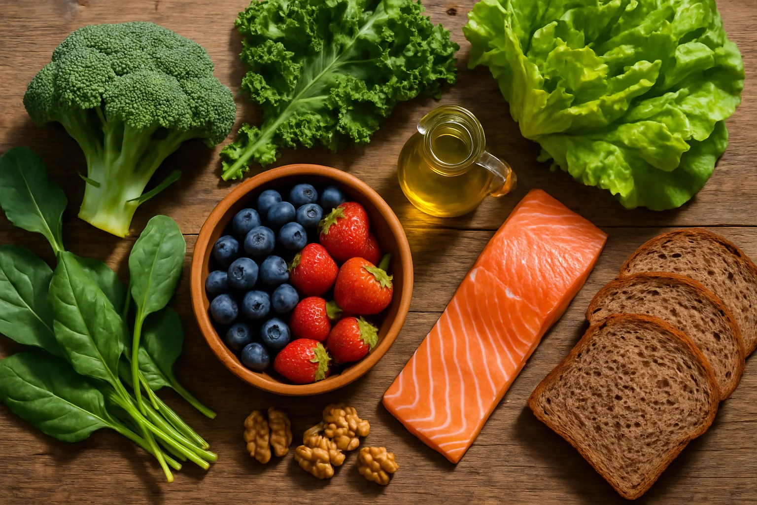 A wooden table arranged with fresh leafy greens, berries, walnuts, salmon, whole grain bread, and olive oil, the staples of the MIND diet.