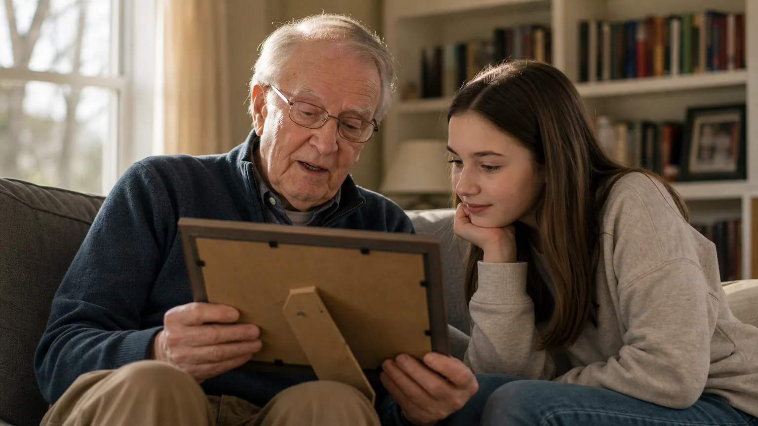 Older man describing a photo to his granddaughter