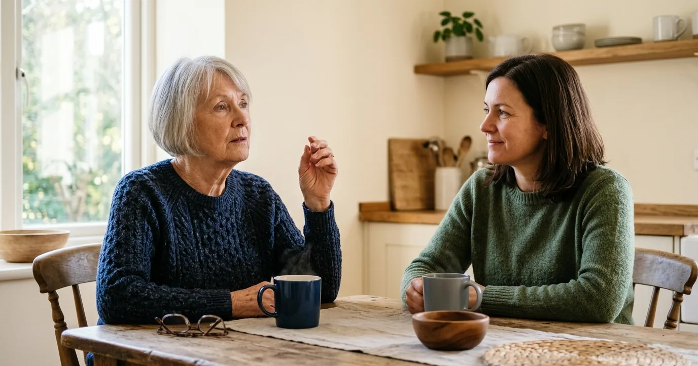Older woman and her daughter talking at a table