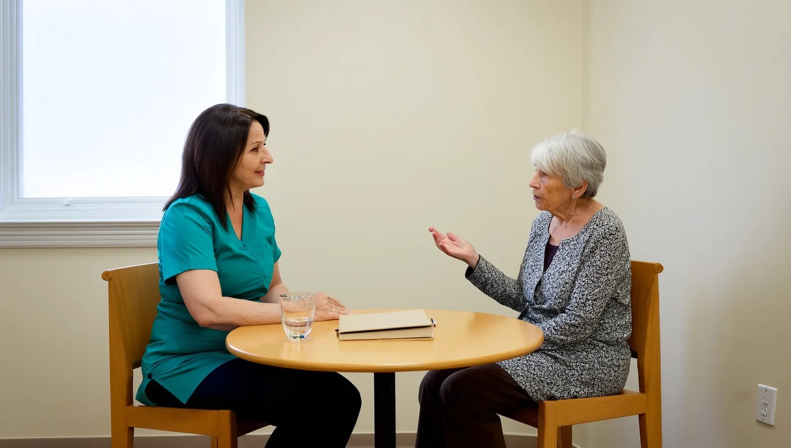 Therapist listening to an older woman at a table