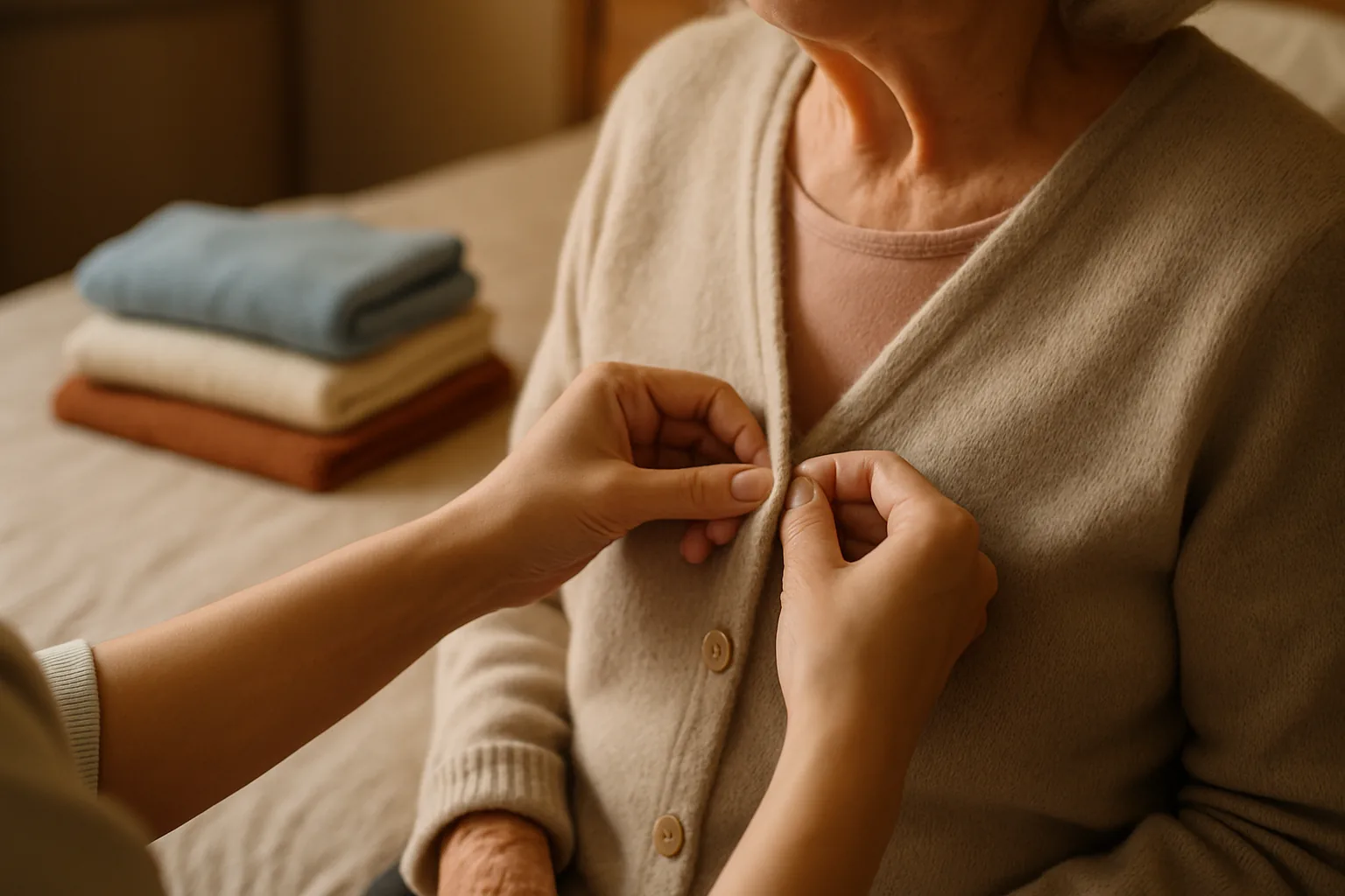 A caregiver's hands gently helping an older woman button a soft cardigan, with clothing laid out neatly nearby.