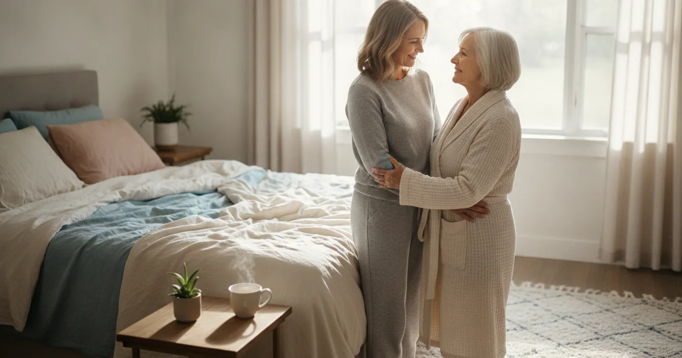 An adult daughter gently helping her elderly mother during a calm morning routine at home.