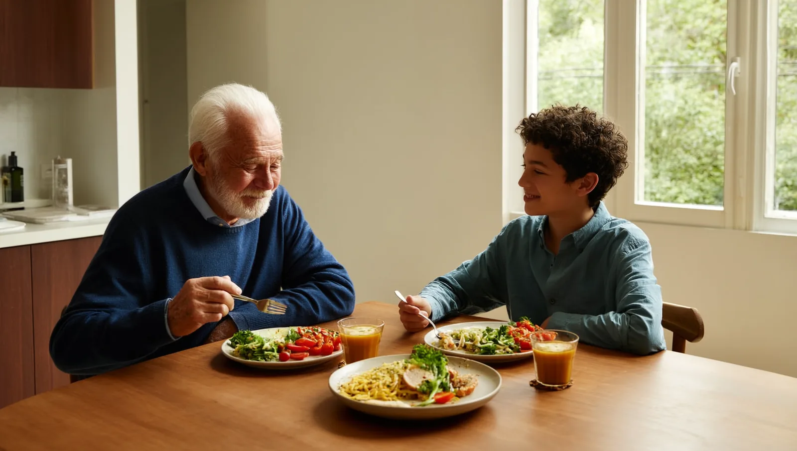 An elderly man and his adult son sharing a relaxed, unhurried meal at a sunlit kitchen table.