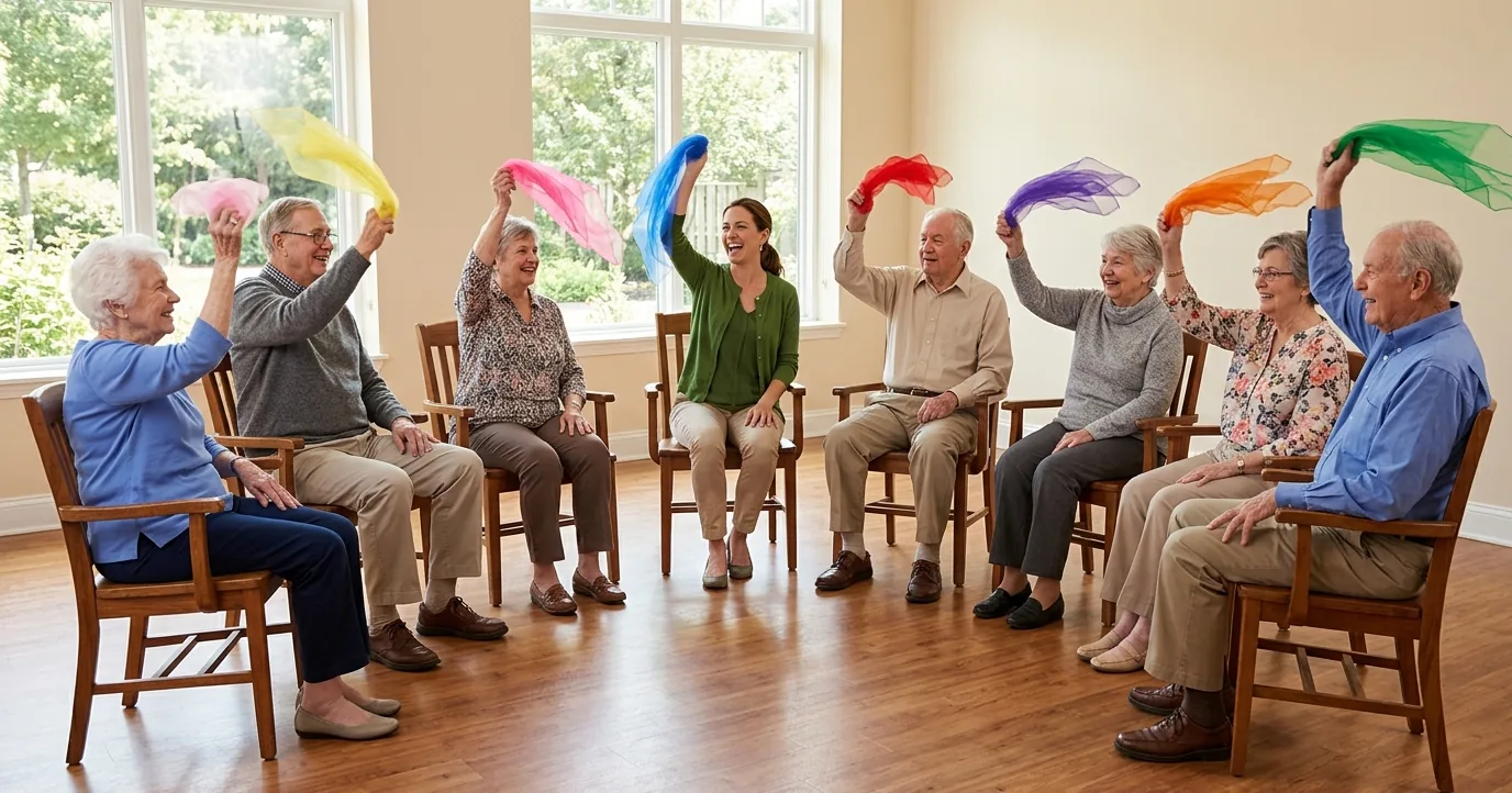 Seated older adults and a leader waving scarves