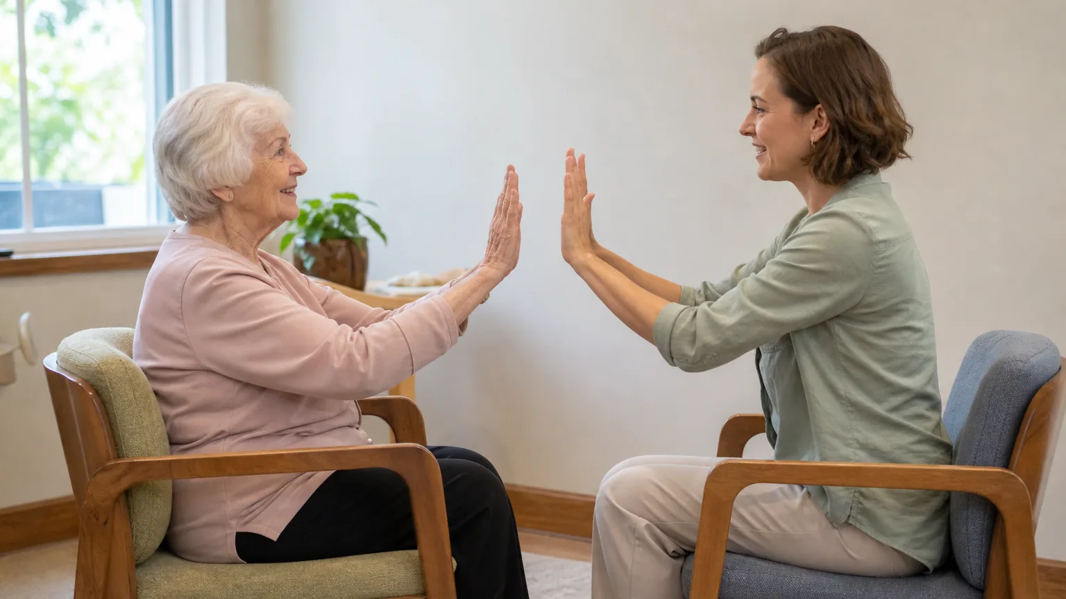 Older woman and therapist mirroring raised hands