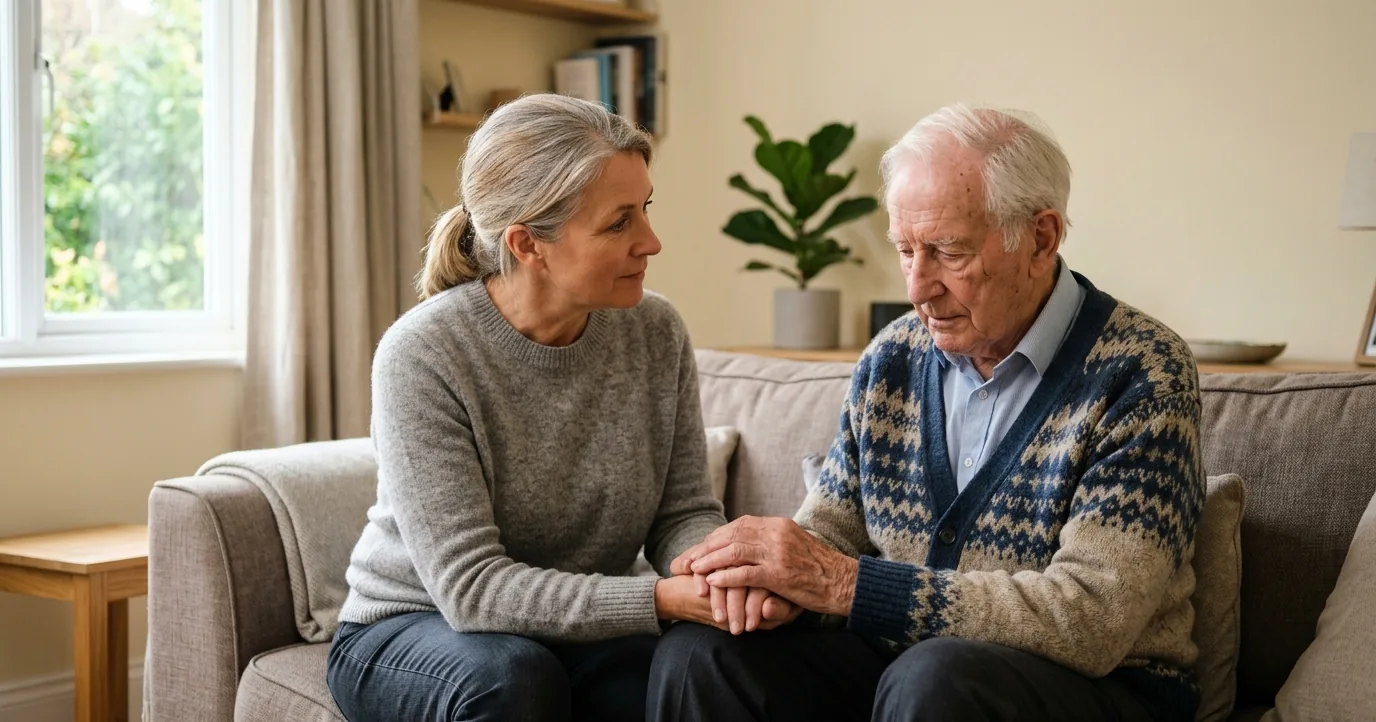 Woman holding her elderly father's hand at home
