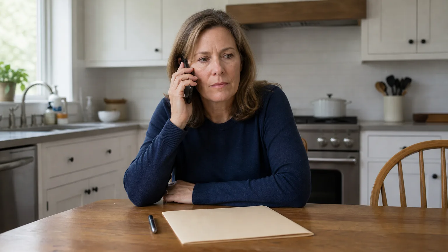 Woman on the phone at a kitchen table