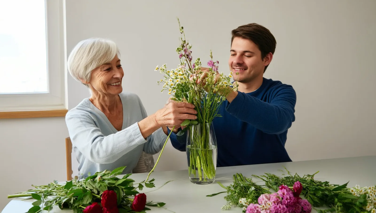 Older woman and her son arranging flowers