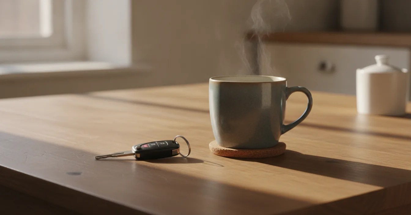 A set of car keys resting on a wooden kitchen table beside a steaming coffee mug in soft morning light.