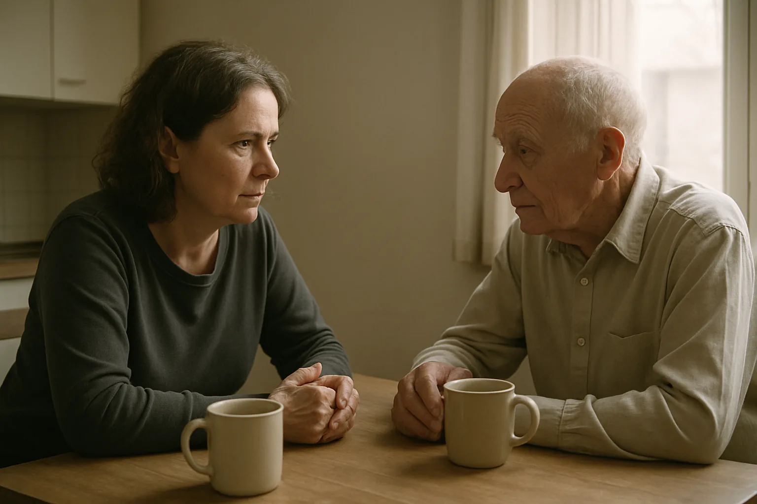 An adult daughter and her elderly father sit across a kitchen table in a serious, warm conversation over coffee.