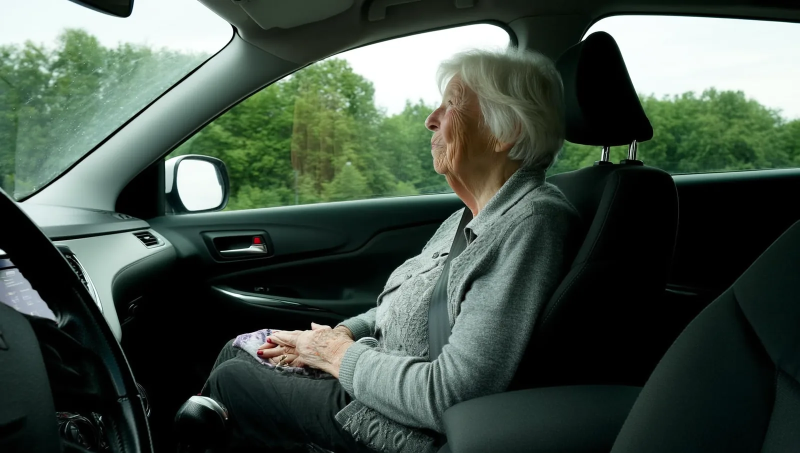 An older woman rides in the front passenger seat of a car, hands in her lap, looking out the window at passing trees.