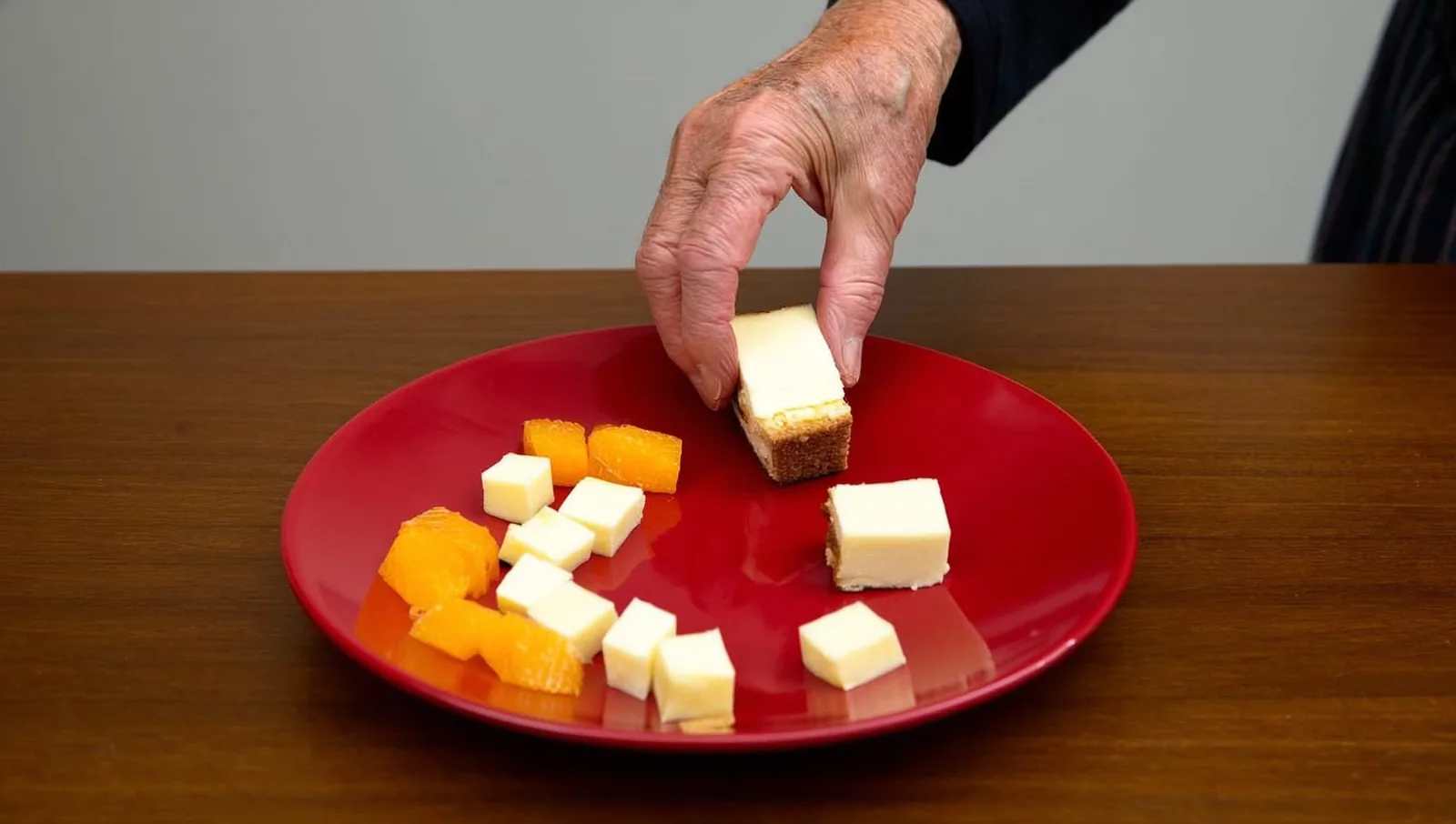 Hand taking a sandwich from a red plate of finger foods