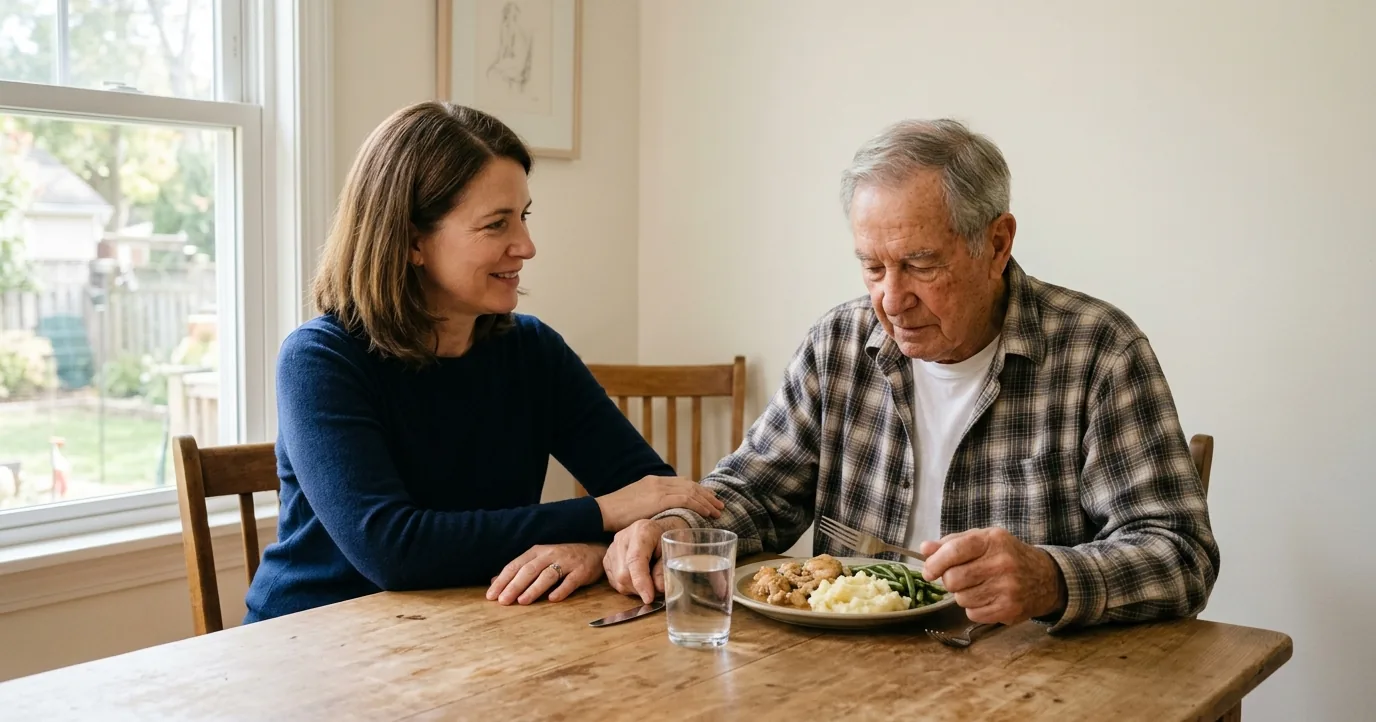 Daughter and elderly father eating at a kitchen table