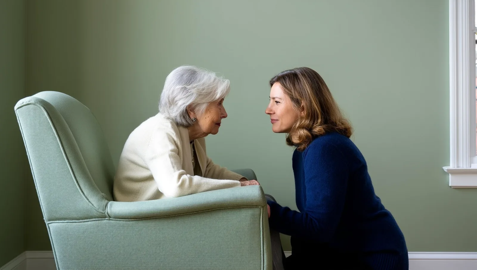 Daughter at eye level with her mother in an armchair
