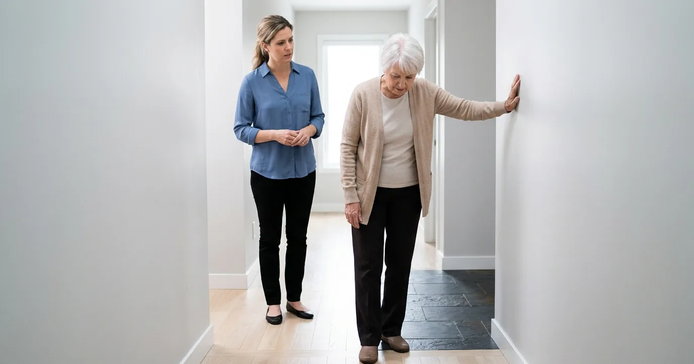 Older woman pausing where wood floor meets dark tile
