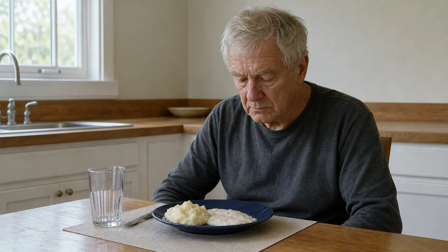 Older man at a table with pale food on a dark blue plate