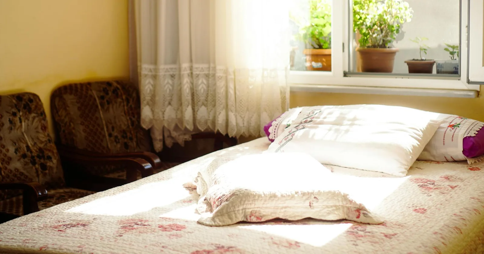 A sunlit bedroom with warm vintage decor, floral bedding, and houseplants creating an inviting, home-like atmosphere.