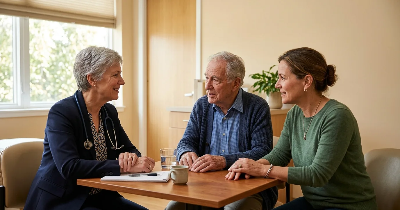 Doctor, older man and his daughter talking at a table