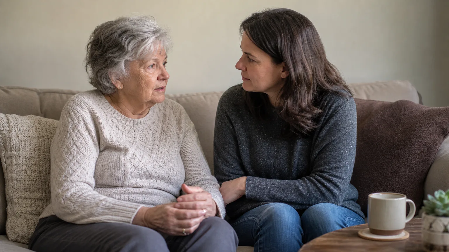 Older woman and her daughter talking on a sofa