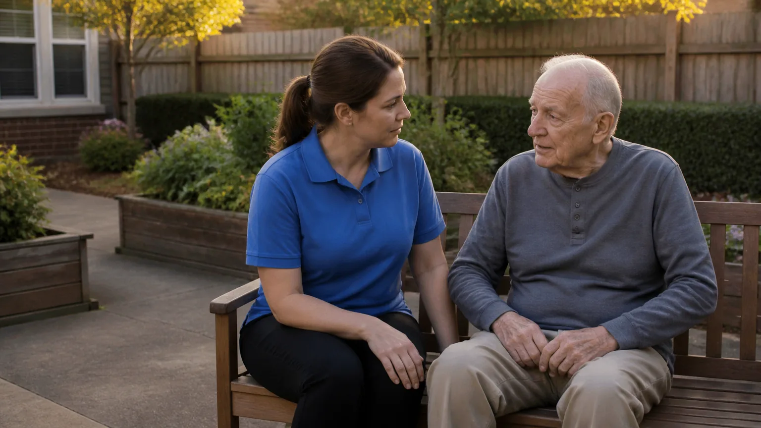 Caregiver and an elderly man on a bench in a courtyard garden