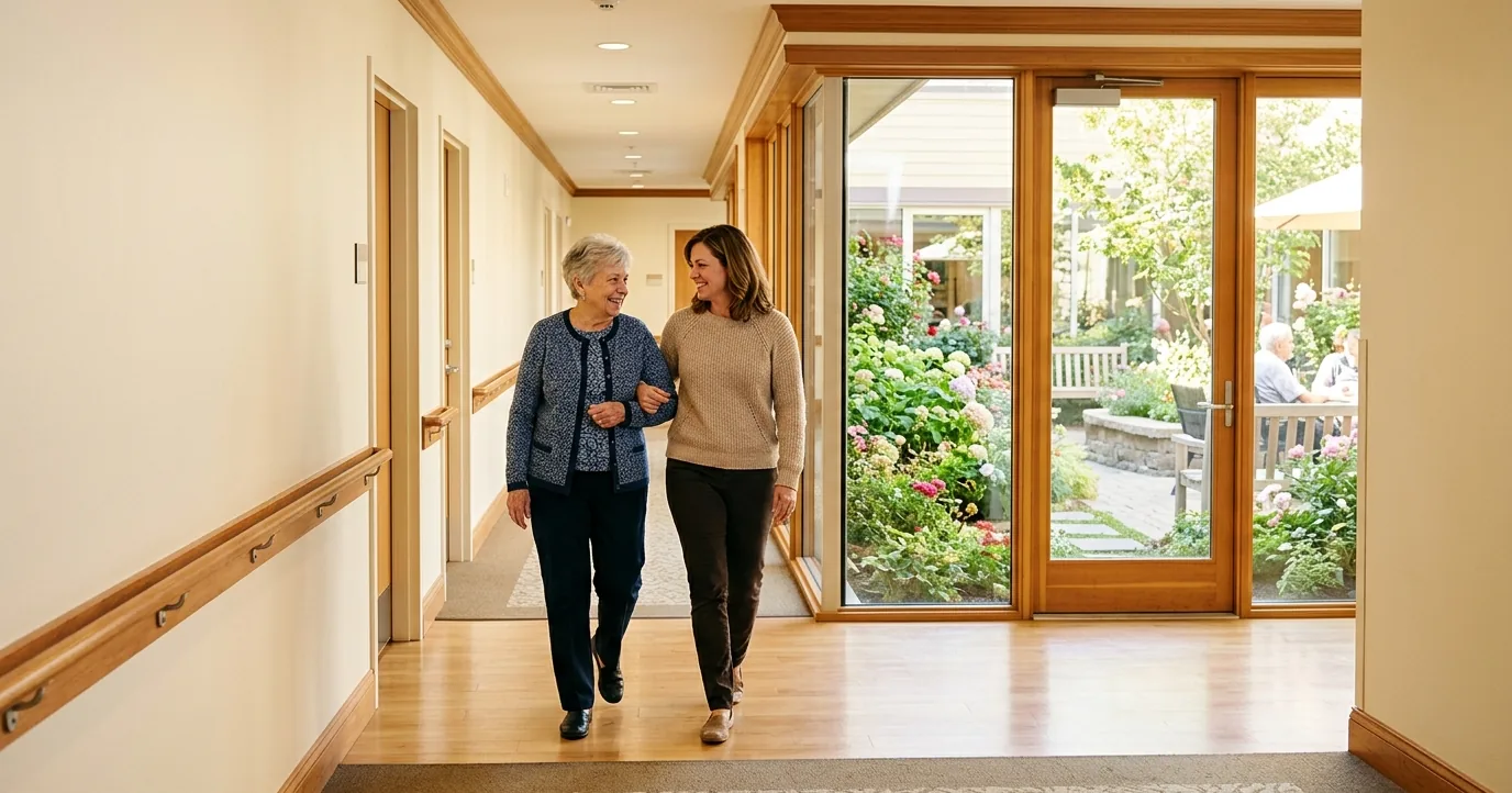 Older woman and her daughter walking arm in arm down a hallway