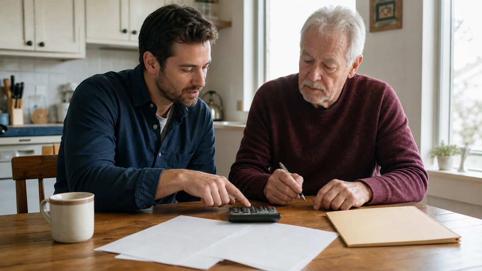 Man and his elderly father at a kitchen table with a calculator