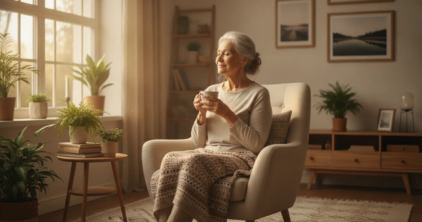 An older woman sits with a cup of tea by a sunlit window in her own home, calm and independent.