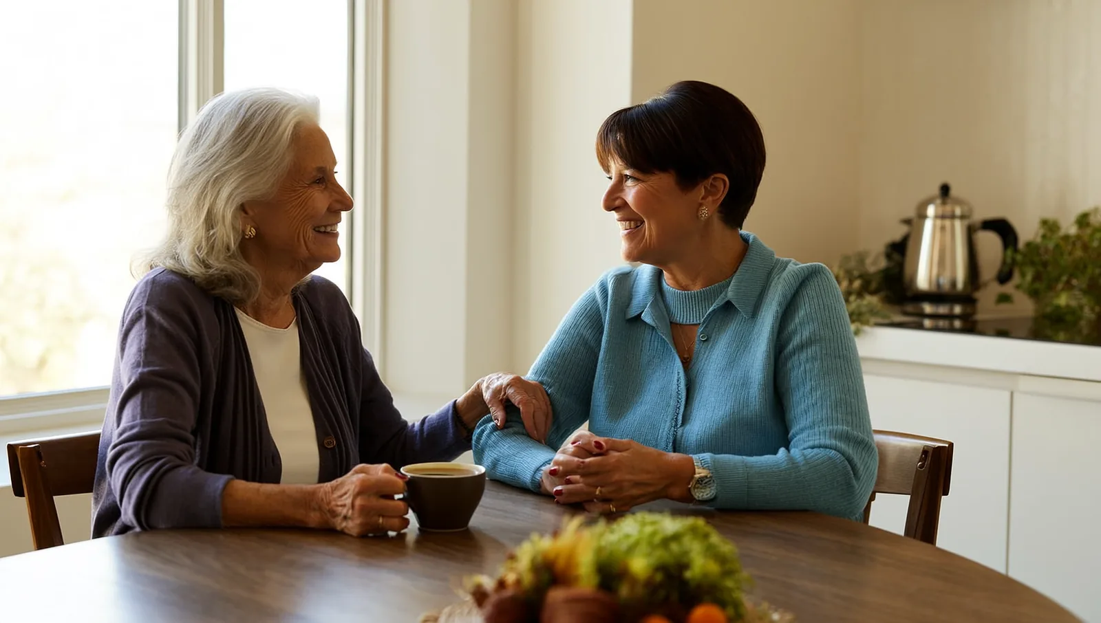 An older woman and a younger neighbor sharing tea and conversation at a kitchen table.