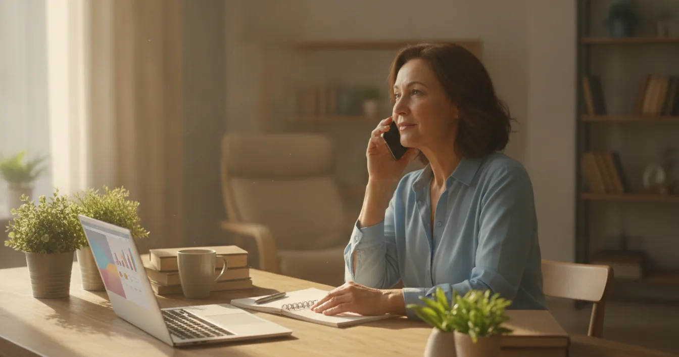 A woman at her home desk on the phone, coordinating care for a parent who lives far away.