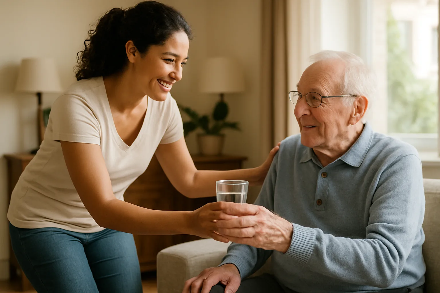 A home health aide hands a glass of water to an elderly man seated in his living room.