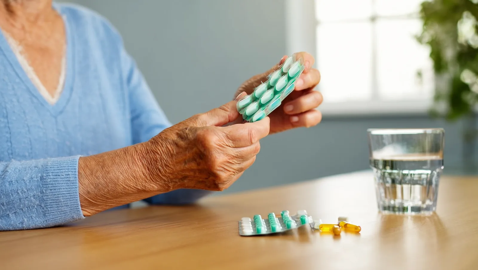An older woman's hands filling a weekly pill organizer at her kitchen table.