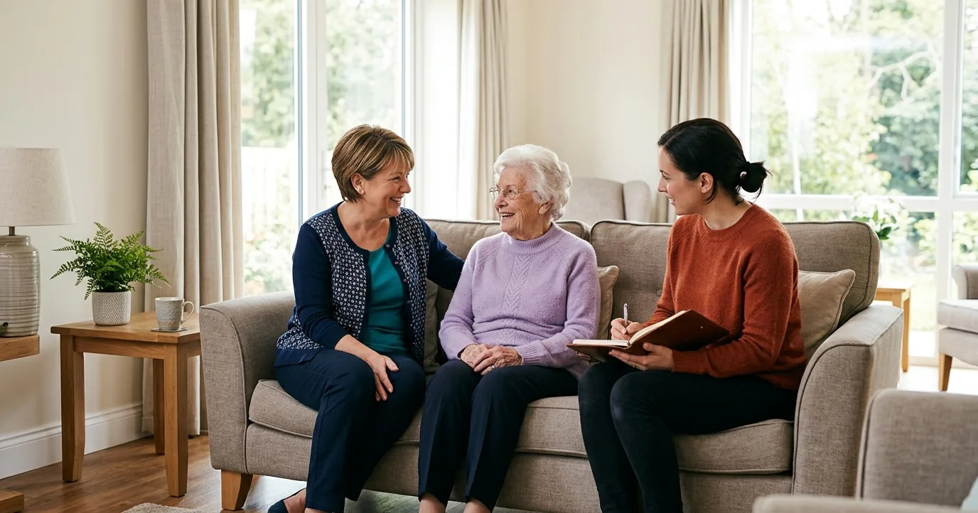 Three people talking in a care community sitting room