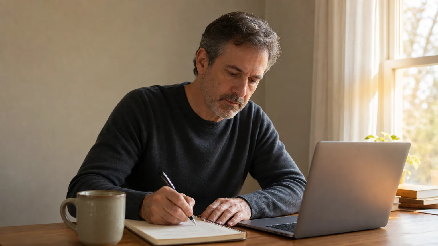 Man writing in a notebook next to a laptop
