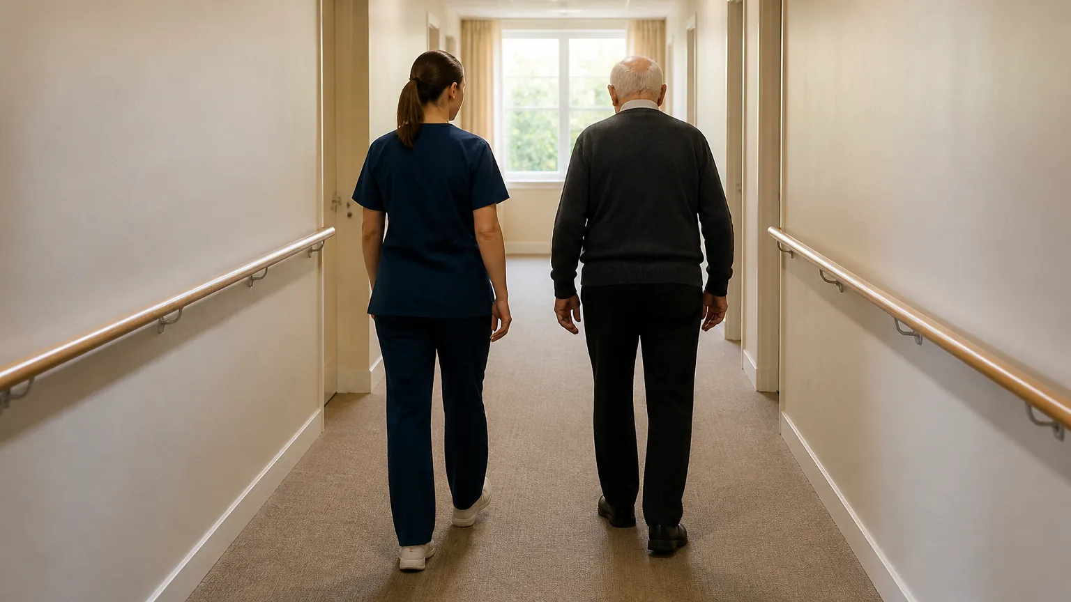 Care worker walking beside an older man in a hallway