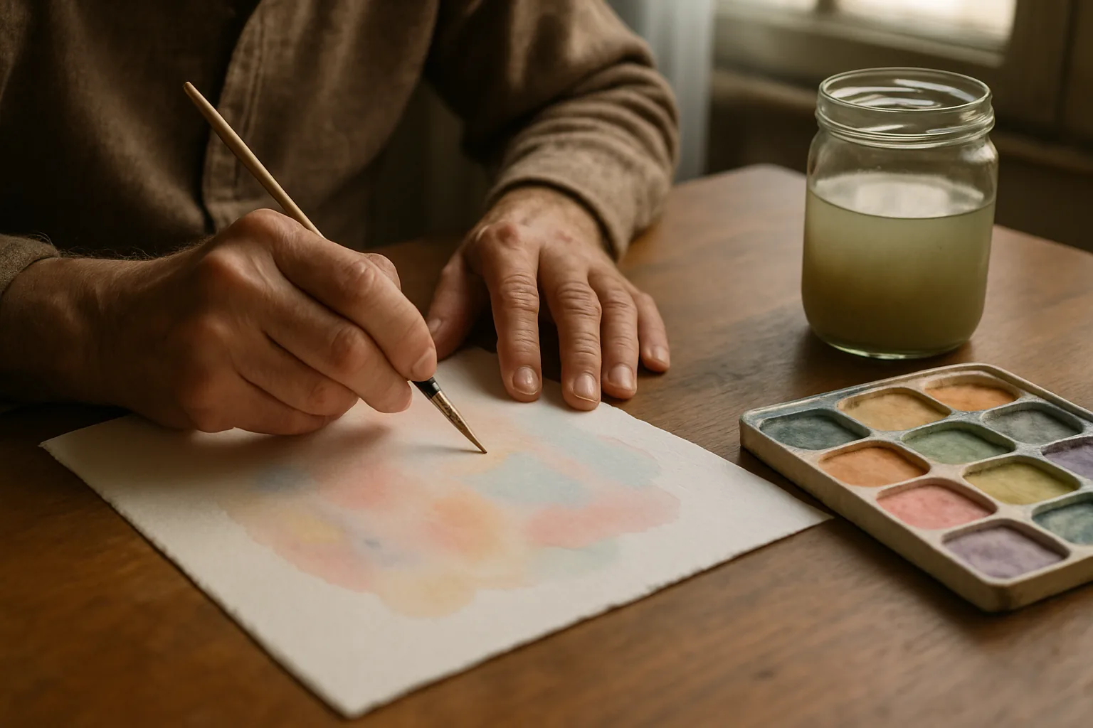 An older man's hands painting with watercolors on textured paper at a sunlit table.