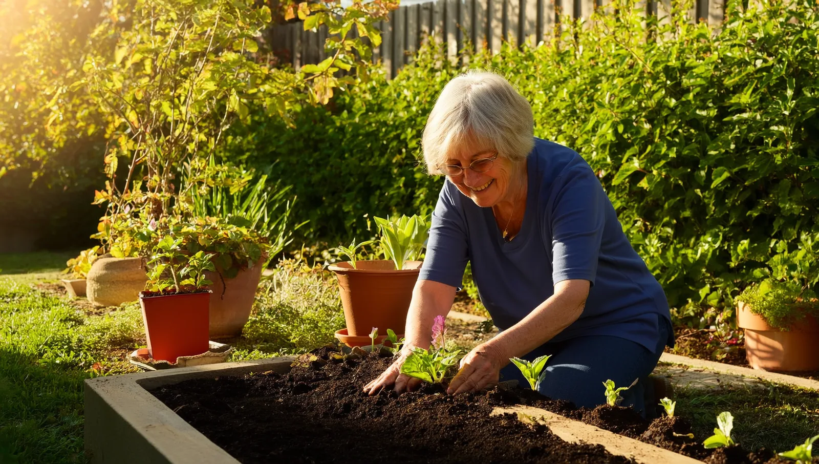 An elderly woman kneeling at a raised garden bed, smiling as she presses a flower seedling into the soil.