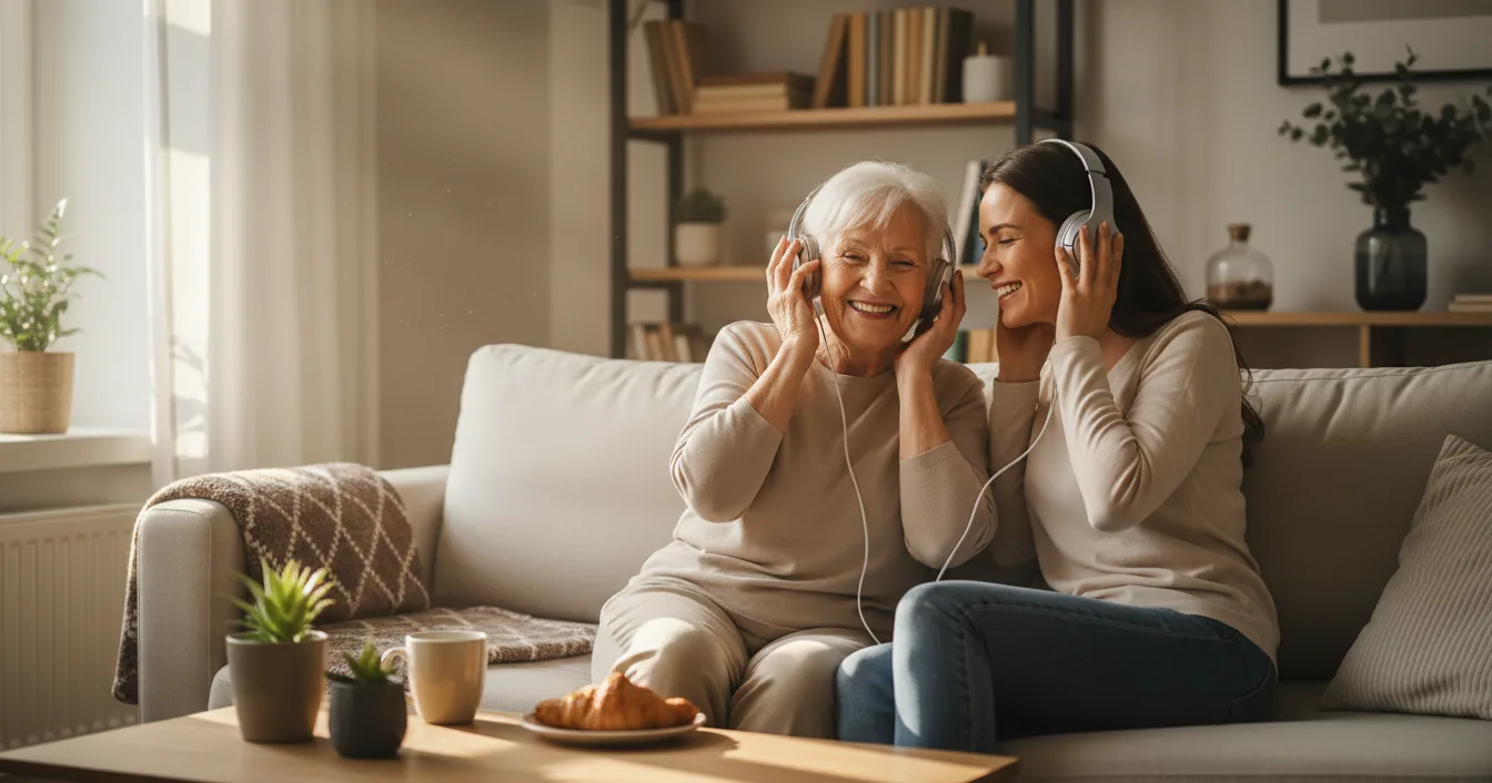 An elderly woman and her adult daughter smiling together on a sofa as they listen to music.